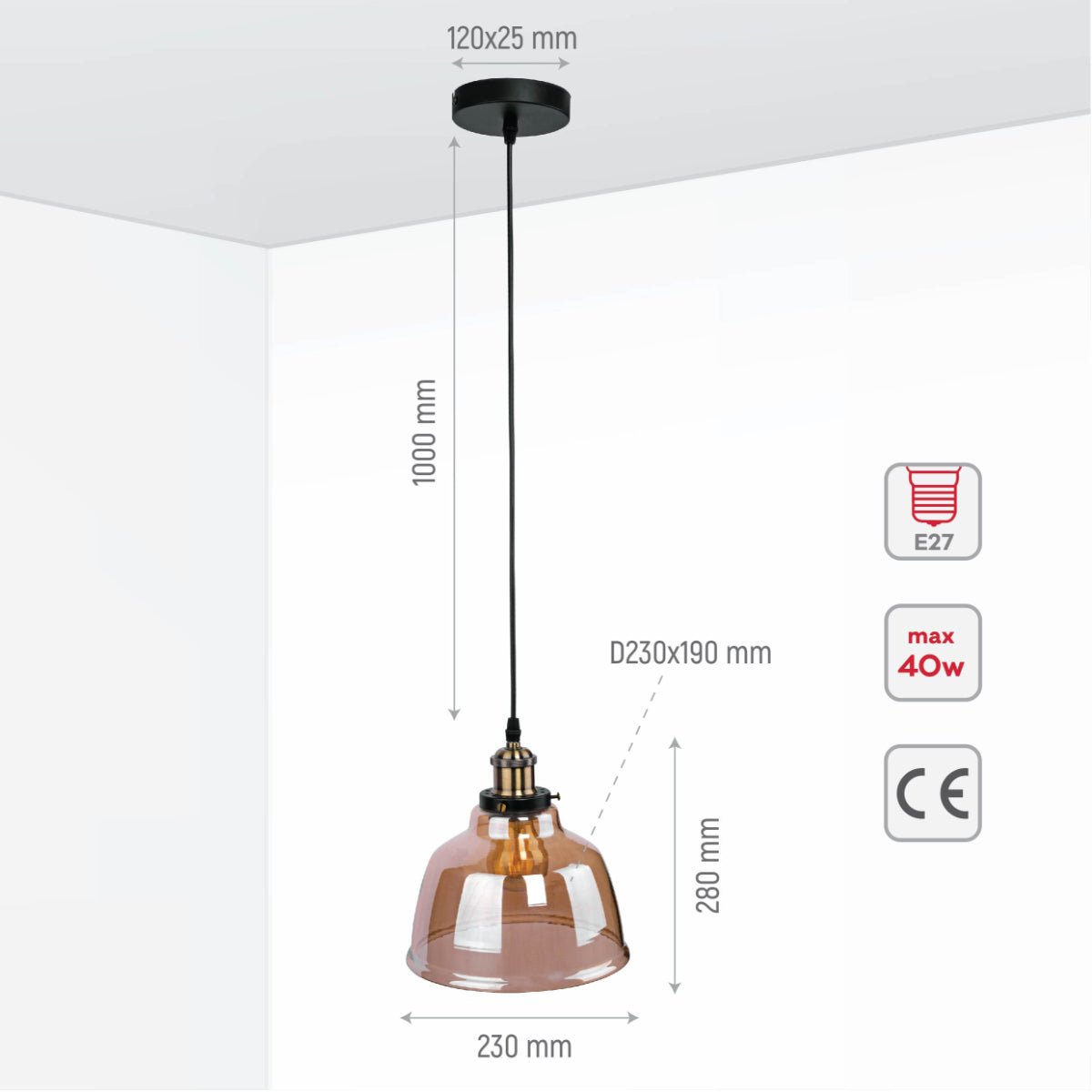 Size and specs of Amber Glass Dome Pendant Ceiling Light with E27 | TEKLED 150-17804