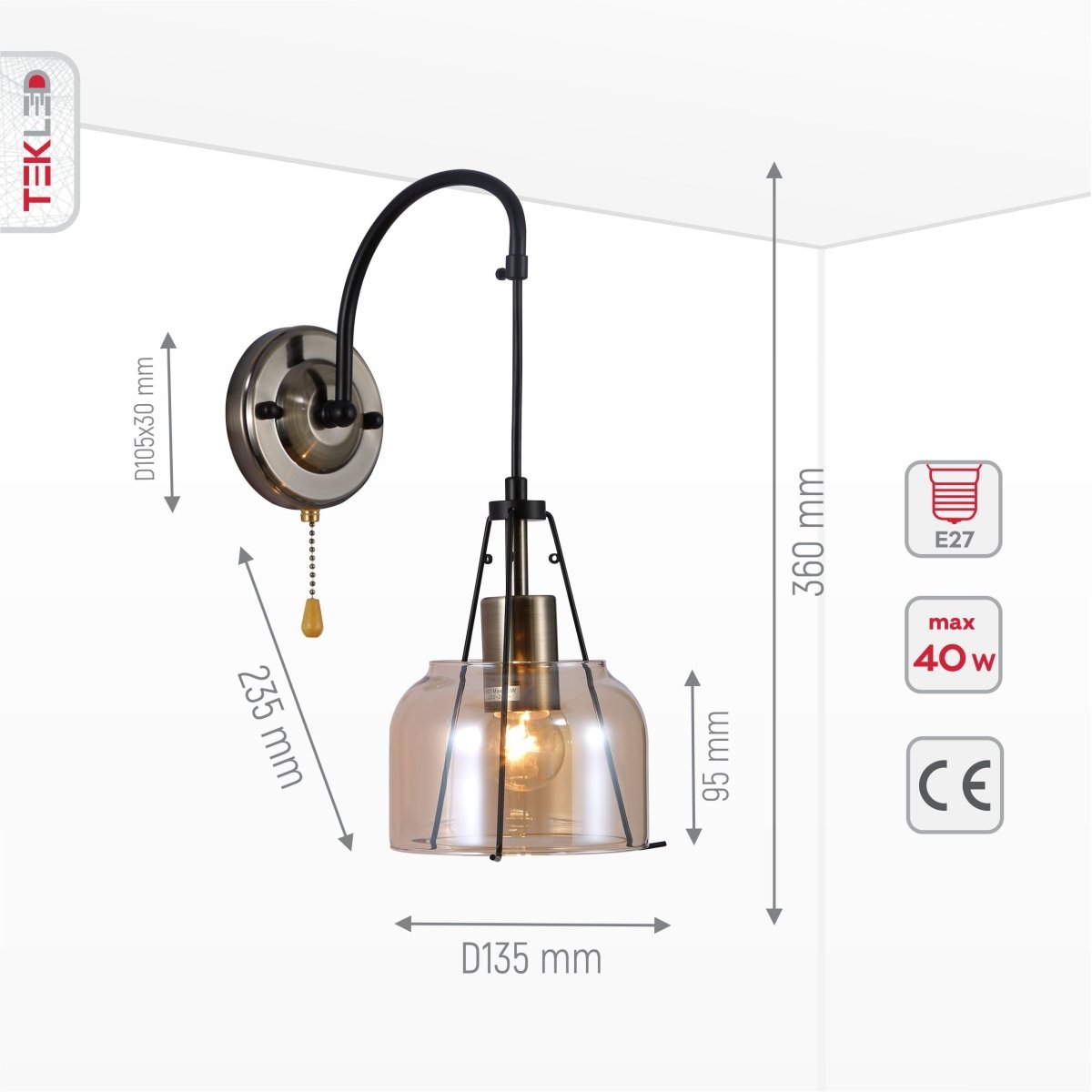 Product dimensions of amber glass pendant wall light e27 and pull down switch