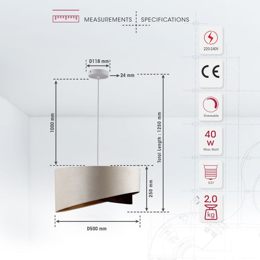 Product dimensions of beige coffee fabric cylinder pendant light with e27 fitting