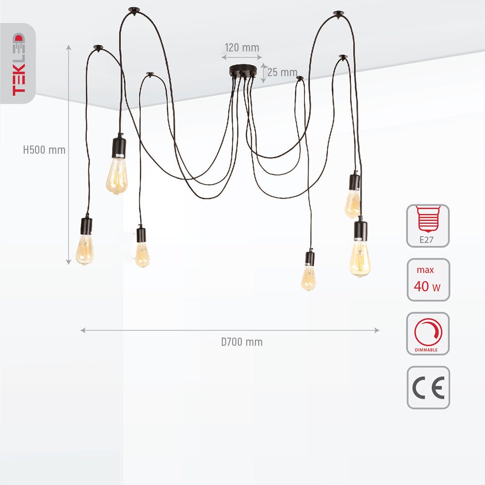 Product dimensions of black cord spider chandelier with 6xe27 fitting
