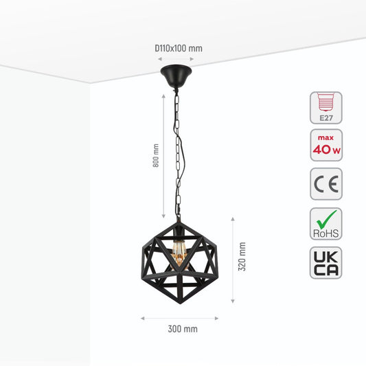Size and specs of Black Metal Cage Polyhedral Pendant Ceiling Light with E27 | TEKLED 150-17834