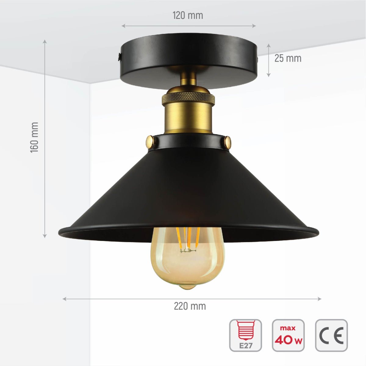 Size and specs of Black Metal Funnel Ceiling Light with E27 | TEKLED 150-17860