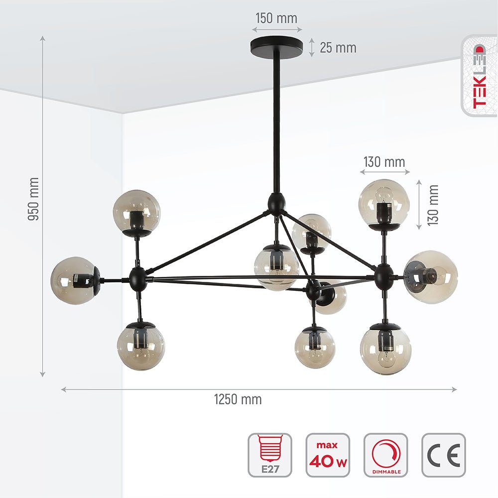Product dimensions of black rod metal amber glass globe chandelier with 10xe27 fitting
