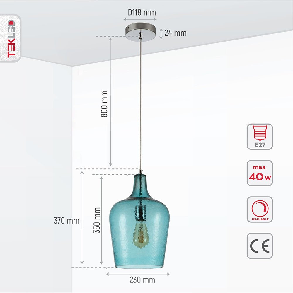 Product dimensions of blue frosted glass schoolhouse pendant light l with e27 fitting