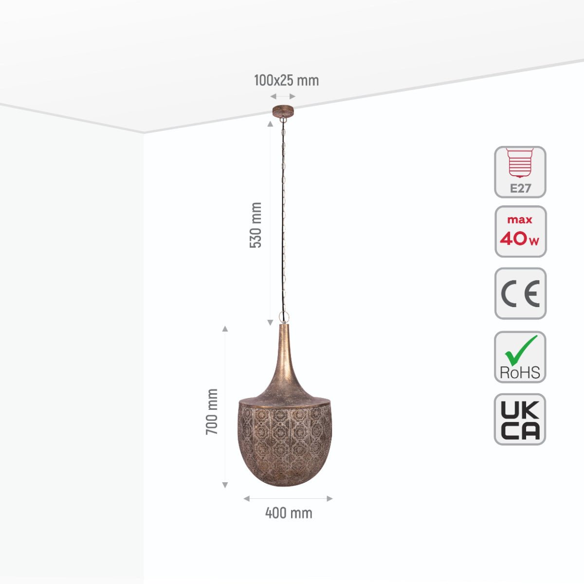 Size and specs of Brown Gold Metal Bowl Pendant Ceiling Light with E27 | TEKLED 150-18050