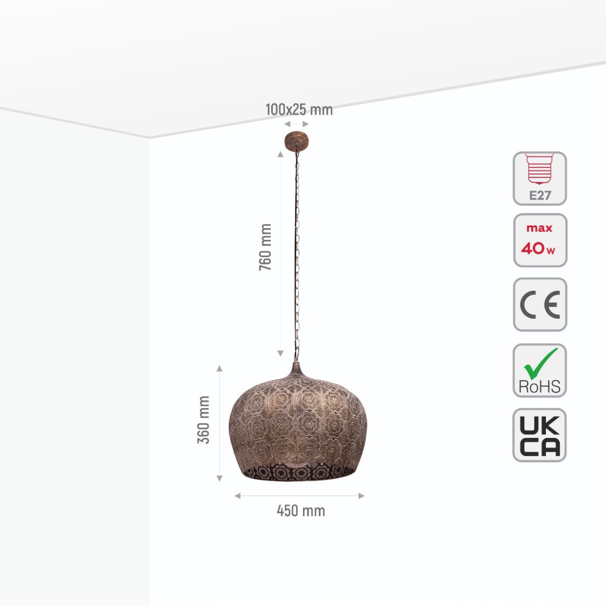 Size and specs of Brown Gold Metal India Dome Pendant Ceiling Light with E27 | TEKLED 150-18051