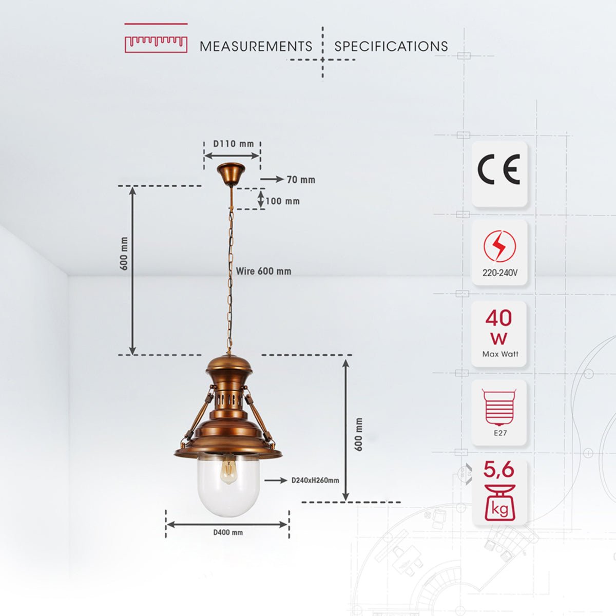 Size and specs of Brown Metal Clear Glass Step Pendant Ceiling Light with E27 | TEKLED 150-17824