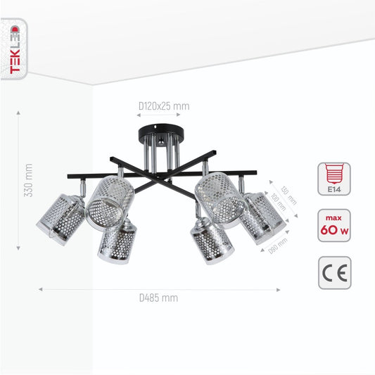 Product dimensions of chrome honeycomb black chrome body semi flush ceiling light 6xe14