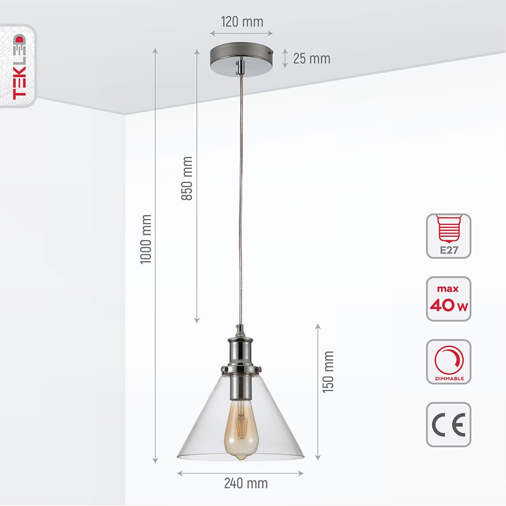 Product dimensions of chrome metal clear glass funnel pendant light with e27 fitting