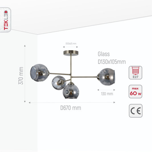 Product dimensions of clear glass dome antique brass semi flush ceiling light 4xe27