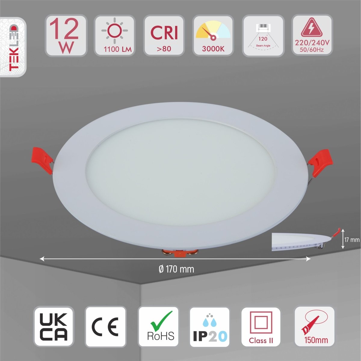Product dimensions of downlight led round slim panel light 12w 3000k warm white d170mm