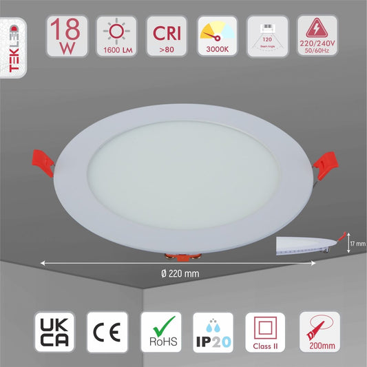 Product dimensions of downlight led round slim panel light 18w 3000k warm white d220mm
