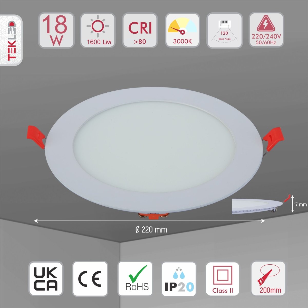 Product dimensions of downlight led round slim panel light 18w 3000k warm white d220mm
