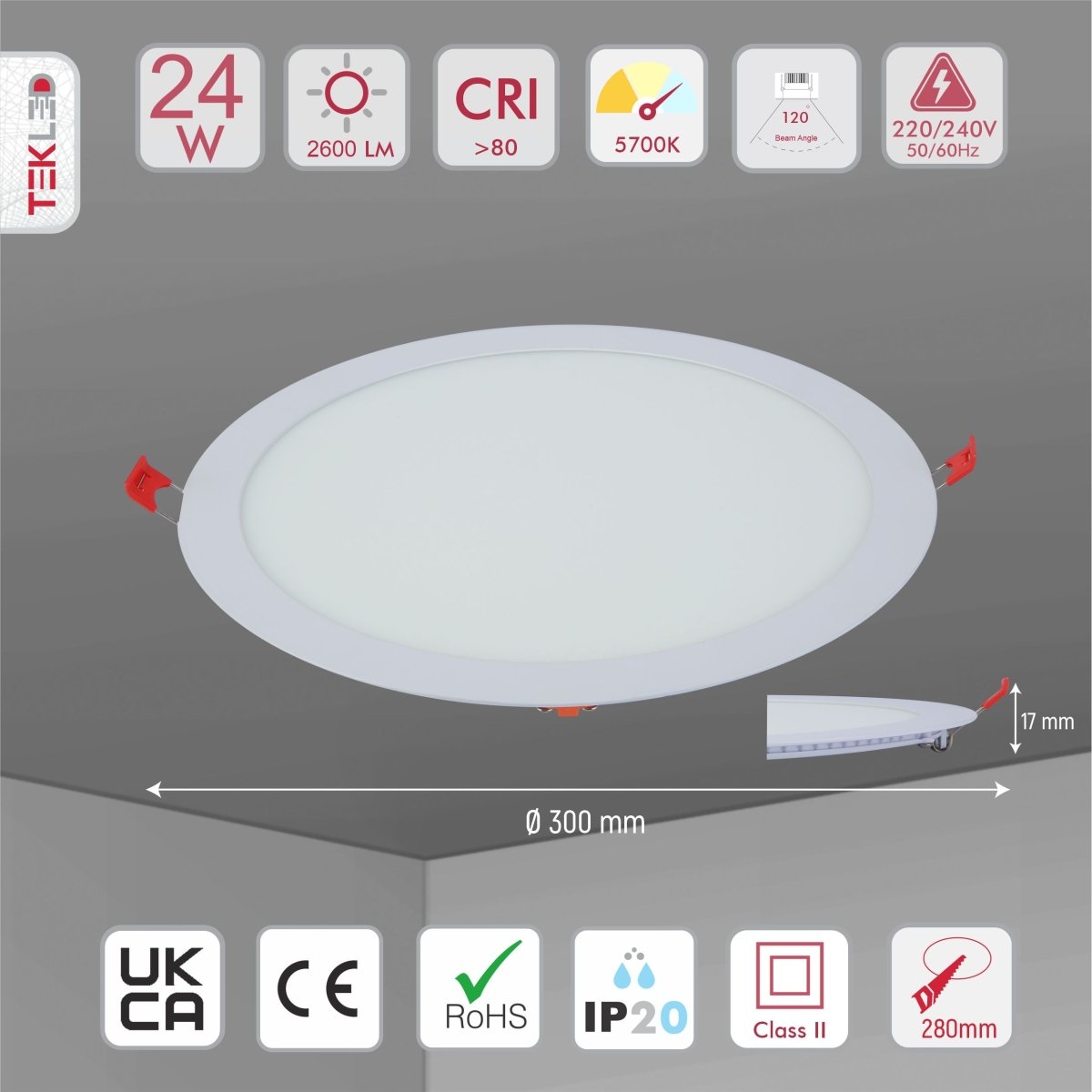 Product dimensions of downlight led round slim panel light 24w 5700k cool daylight d300mm