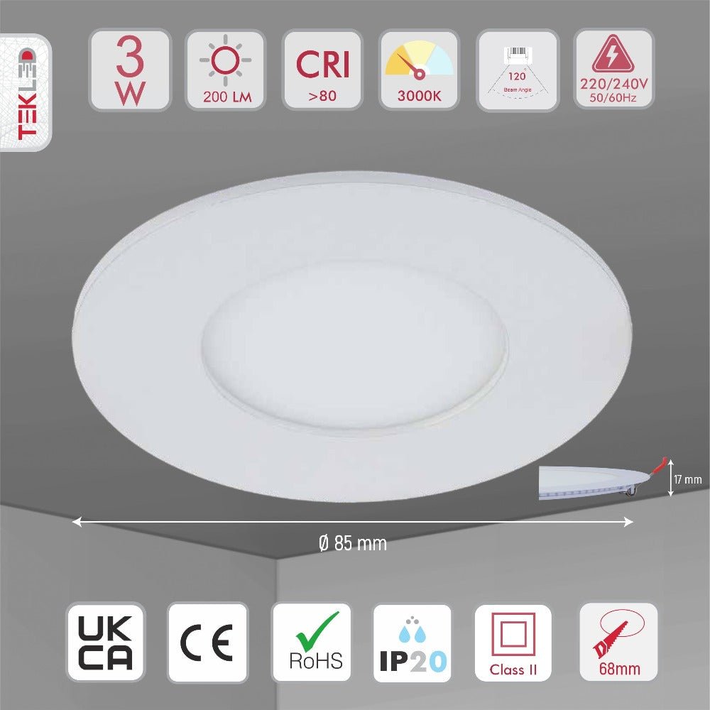 Product dimensions of downlight led round slim panel light 3w 3000k warm white d85mm