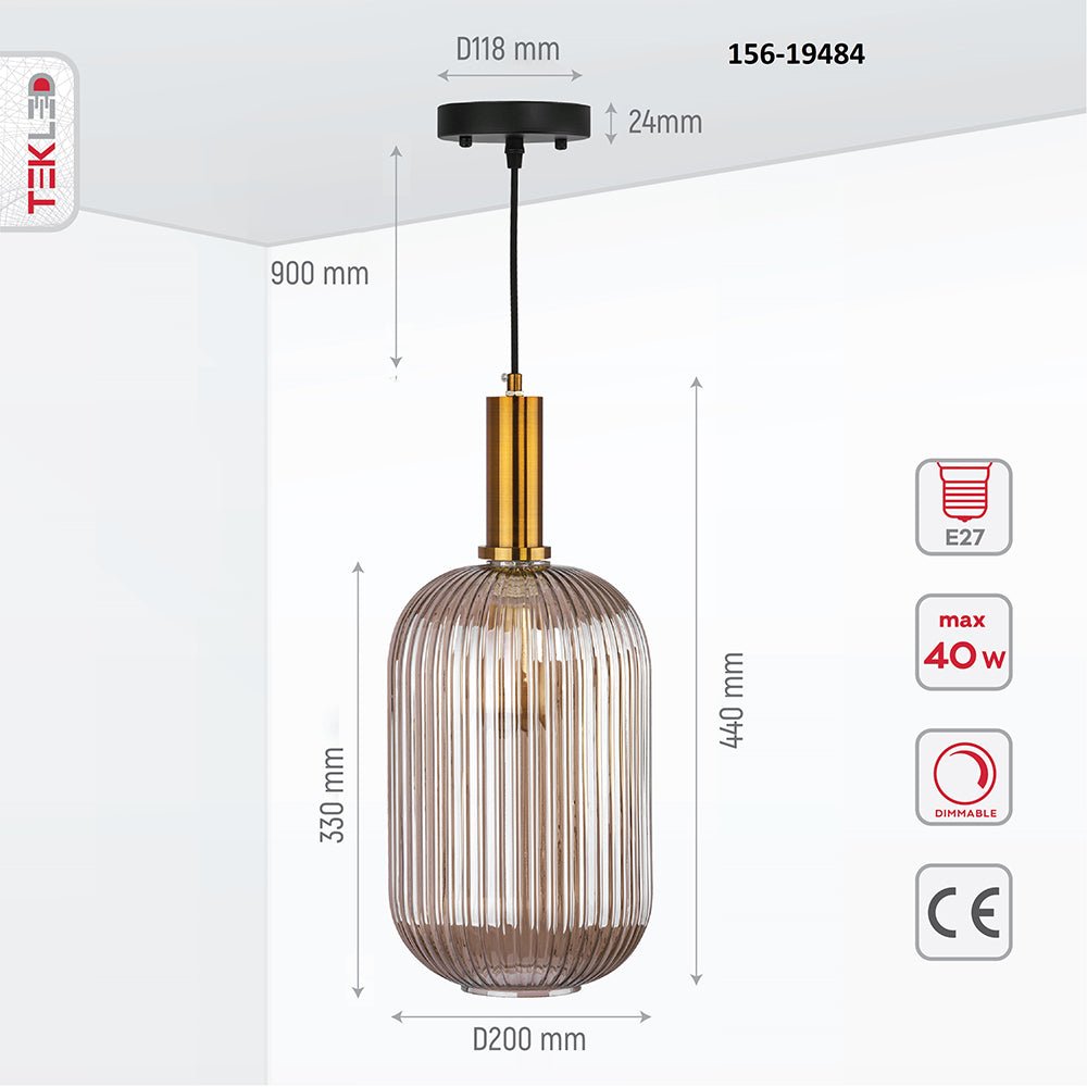Product dimensions of golden bronze metal amber glass cylinder pendant light long with e27 fitting