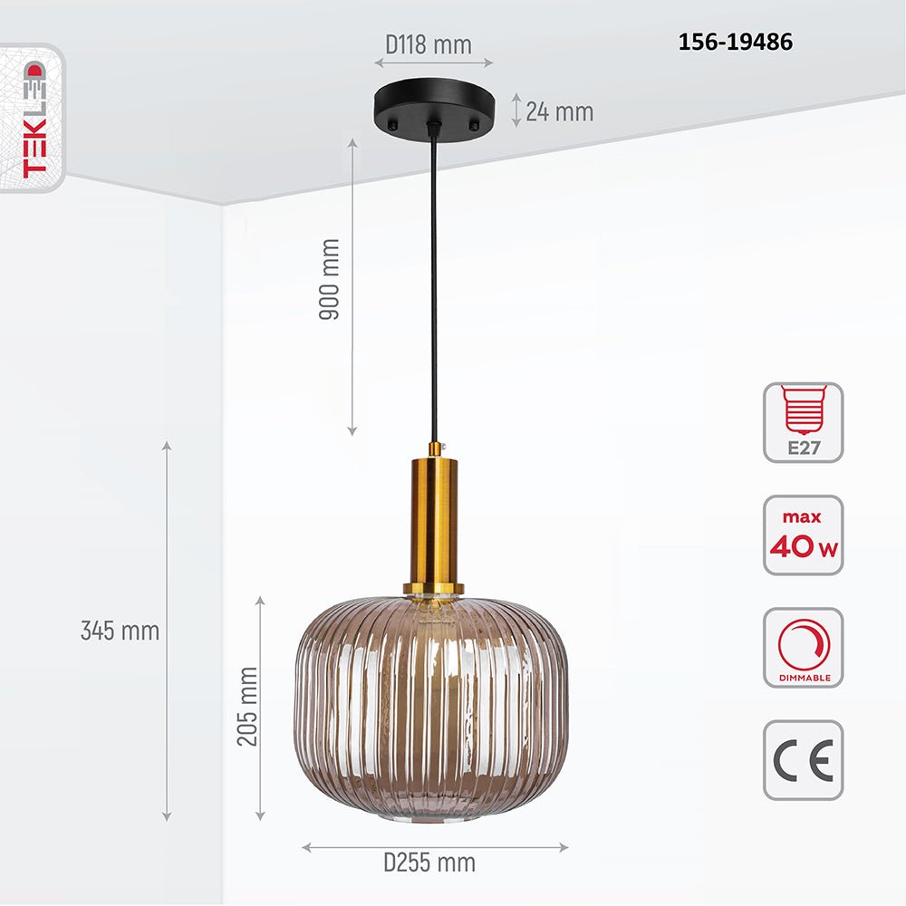 Product dimensions of golden bronze metal amber glass cylinder pendant light short with e27 fitting