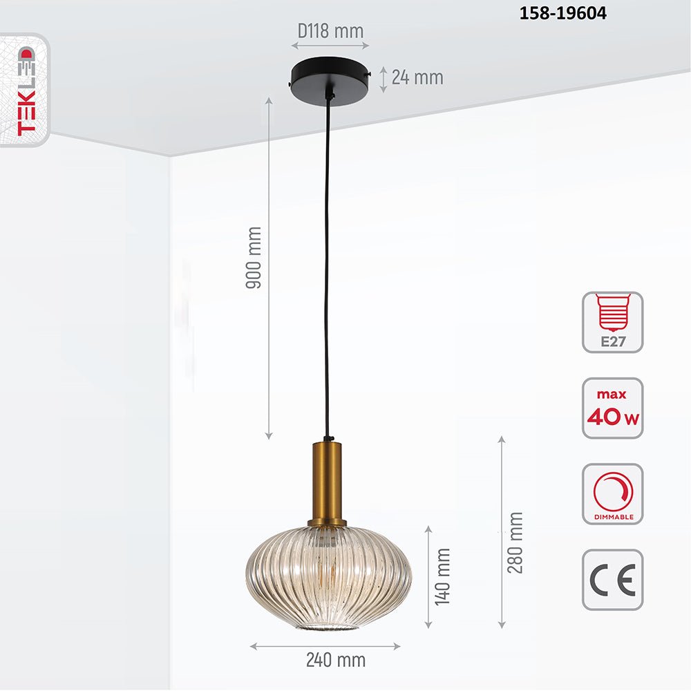 Product dimensions of golden bronze metal amber glass globe pendant light s with e27 fitting