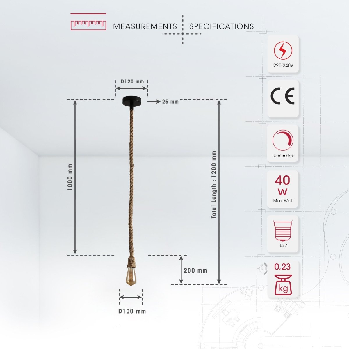Product dimensions of hemp rope pendant light with e27 fitting