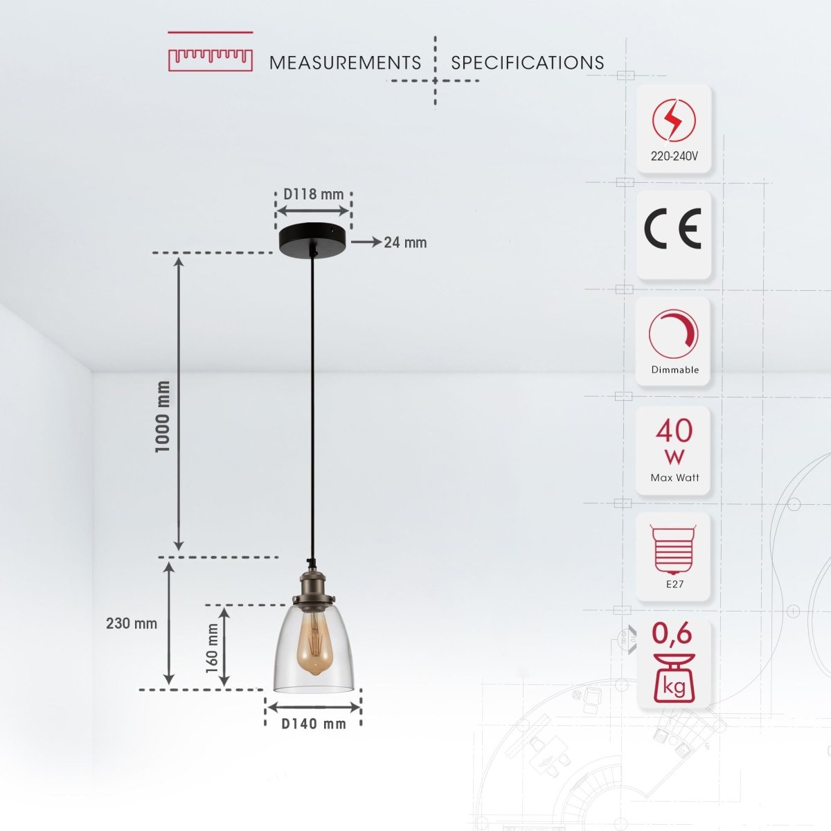 Product dimensions of silver metal clear glass cone pendant light with e27 fitting