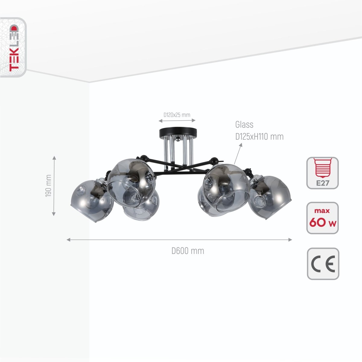 Product dimensions of smoky glass black and chrome semi flush ceiling light 6xe27