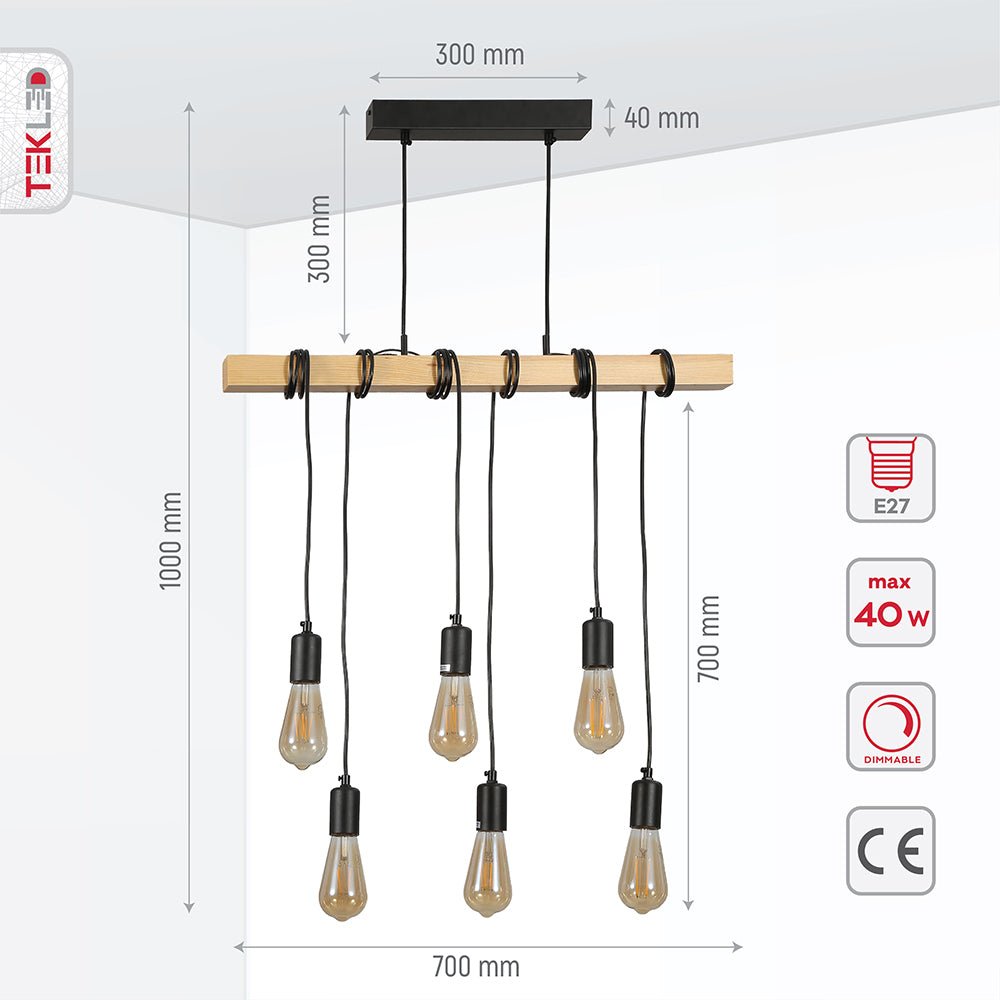 Product dimensions of timber wood rod dropping chandelier with 6xe27 fitting