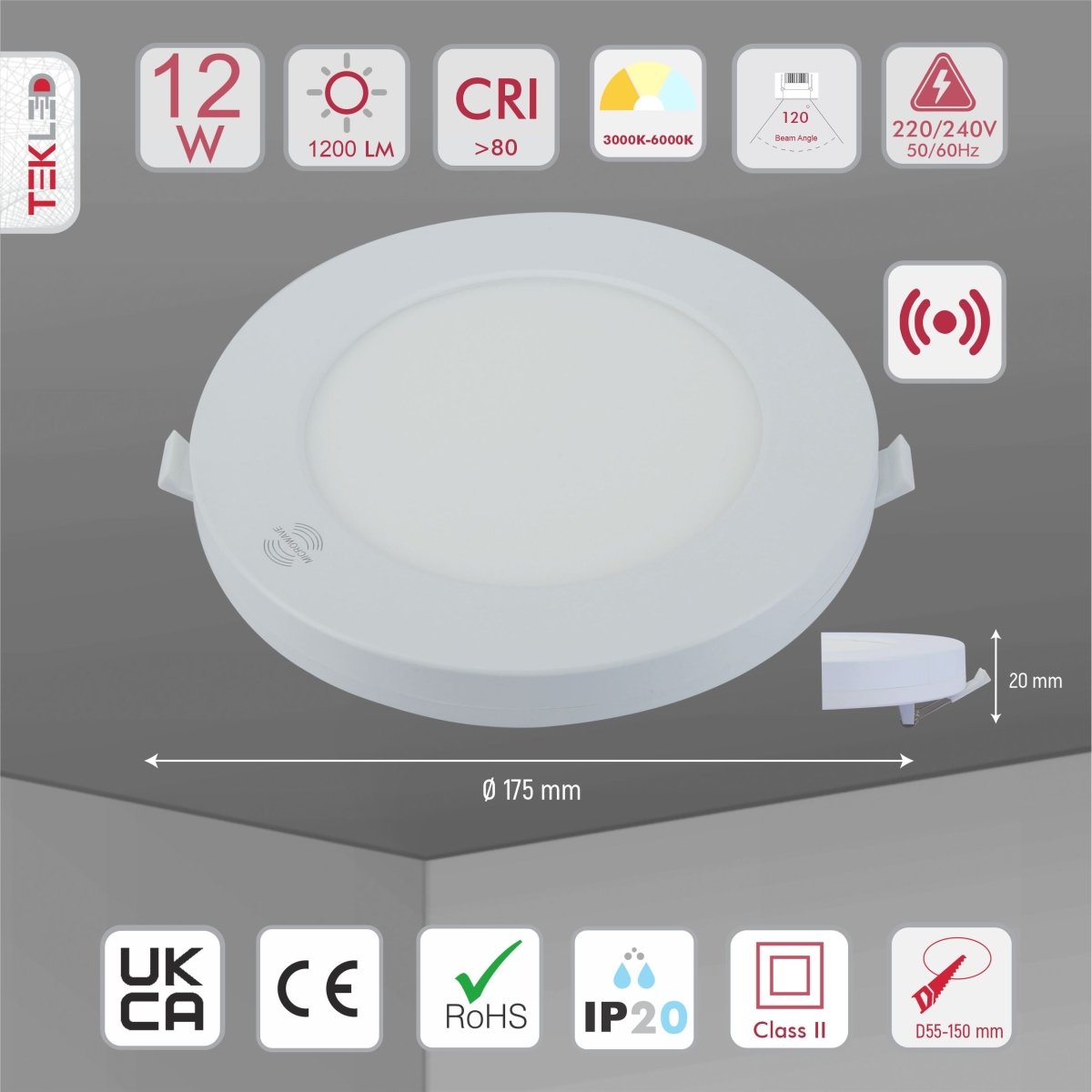 Product dimensions of universal downlight led round panel light 12w 3000-6000k warm white cool daylight