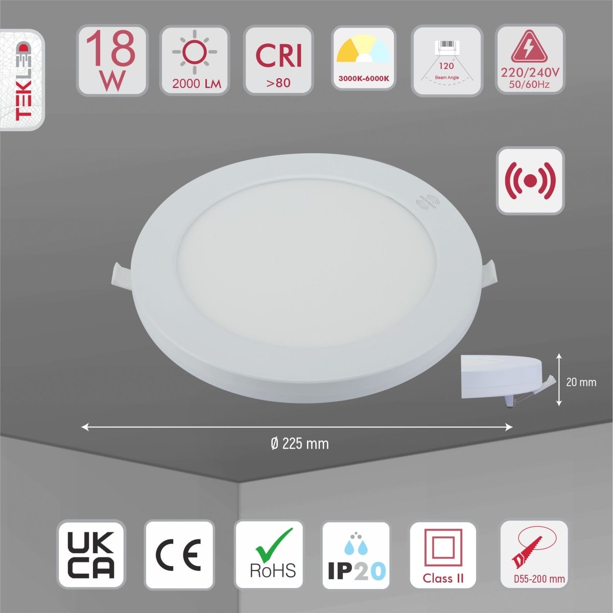 Product dimensions of universal downlight led round panel light 18w 3000-6000k warm white cool daylight