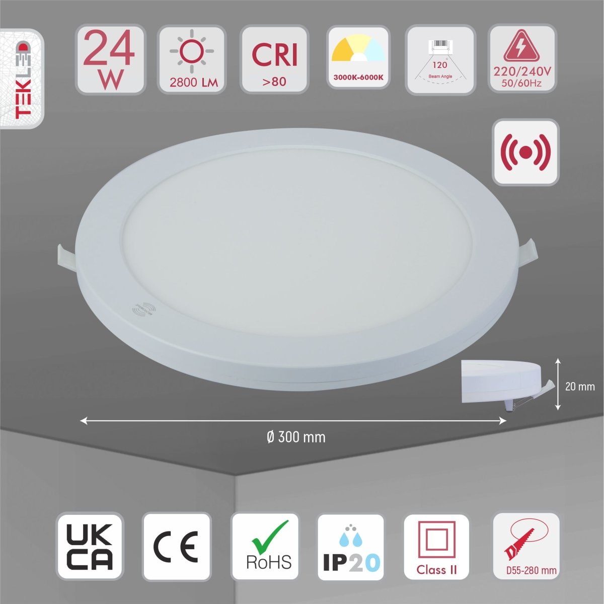 Product dimensions of universal downlight led round panel light 24w 3000-6000k warm white cool daylight