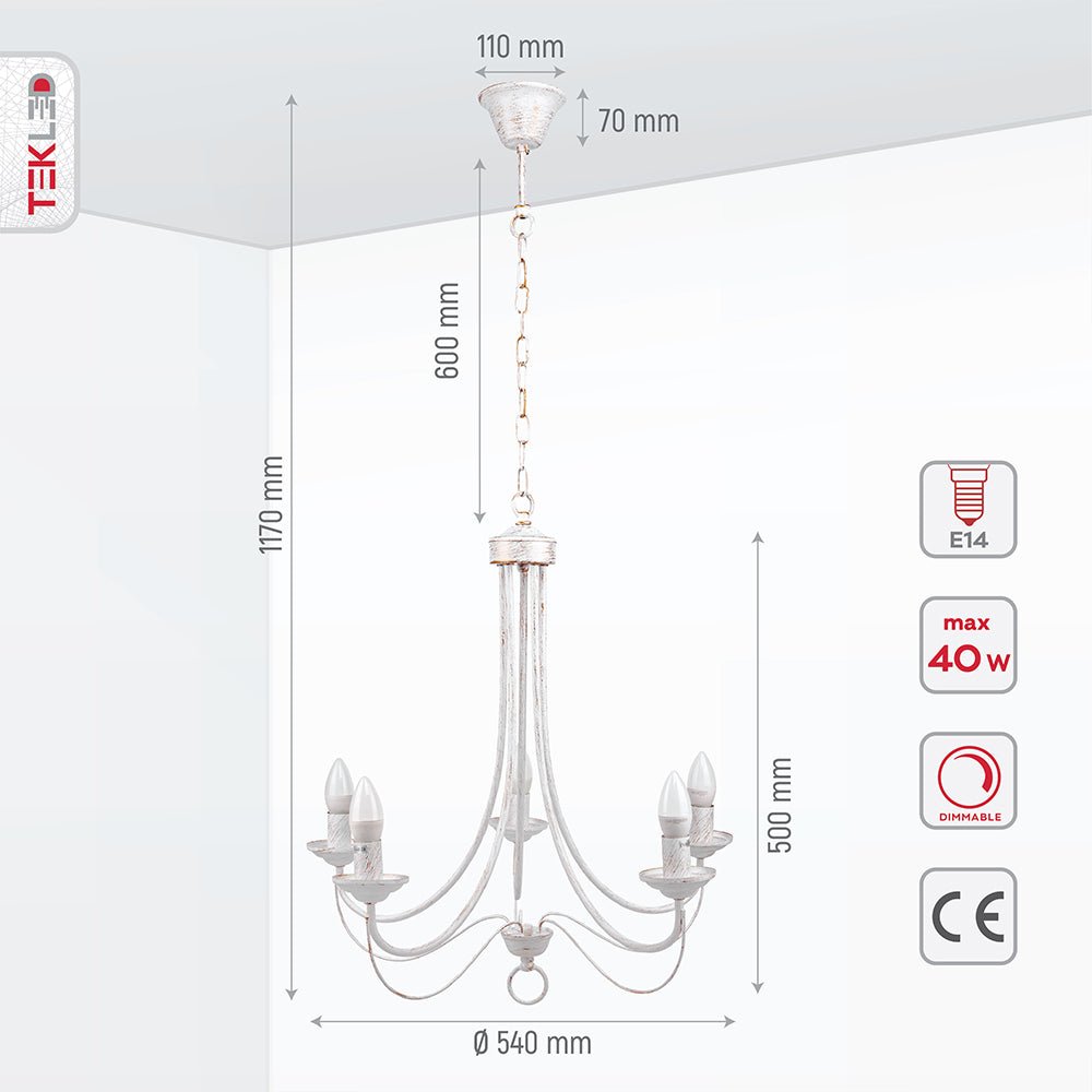 Product dimensions of white metal 5 arm chandelier with 5xe14 fitting