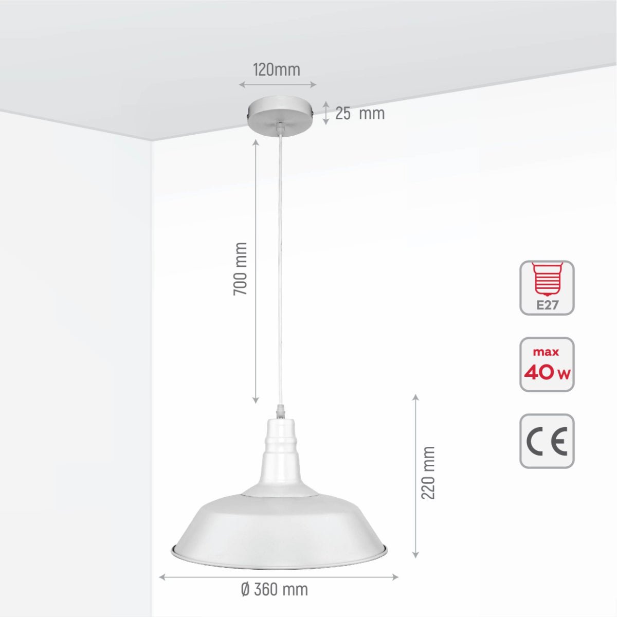 White pendant light fixture with dimensions visible; lamp diameter 360mm, height 220mm, cable 700mm, ceiling rose 120mm.