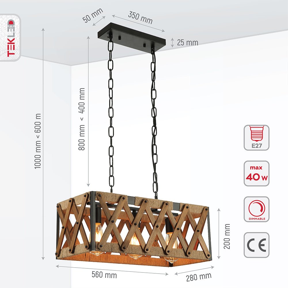 Product dimensions of wood black metal cuboid island chandelier with 3xe27 fitting