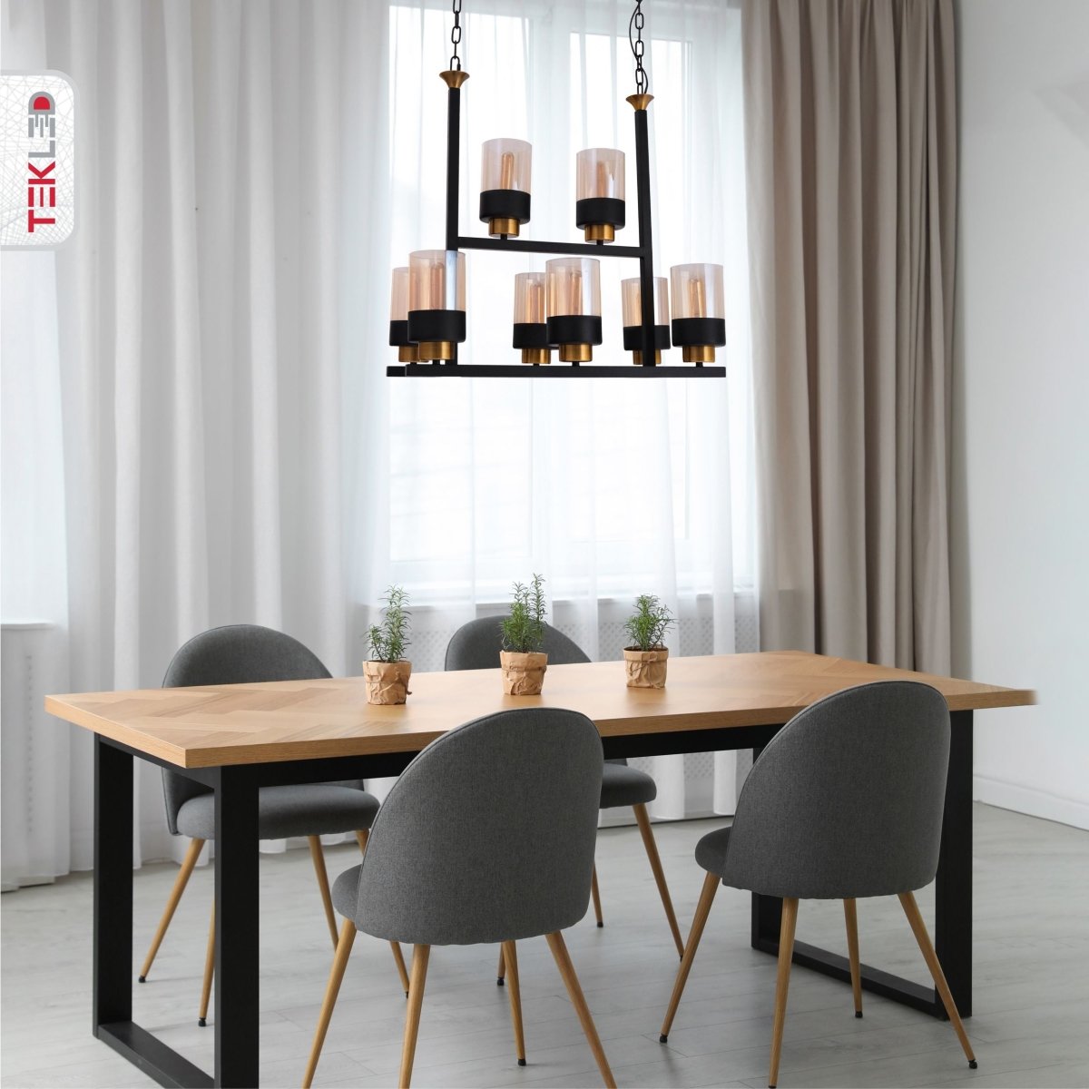 More interior usage of Amber Cylinder Glass Black Metal Chandelier with 8xE27 Fitting | TEKLED 158-19586