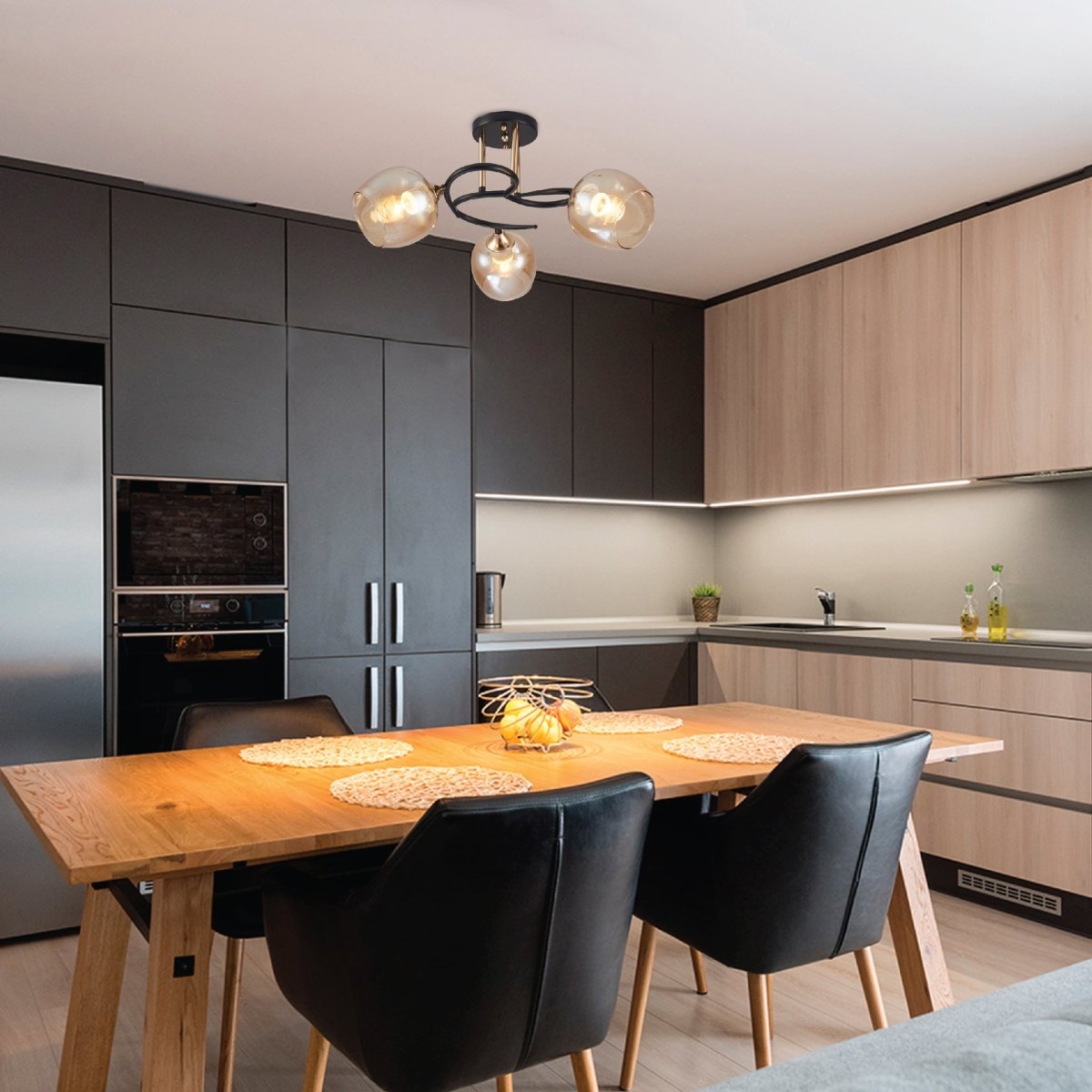 Living room kitchen bedroom use of Amber Bell Glass Black Gold Metal Semi Flush Ceiling Light | TEKLED 159-17130