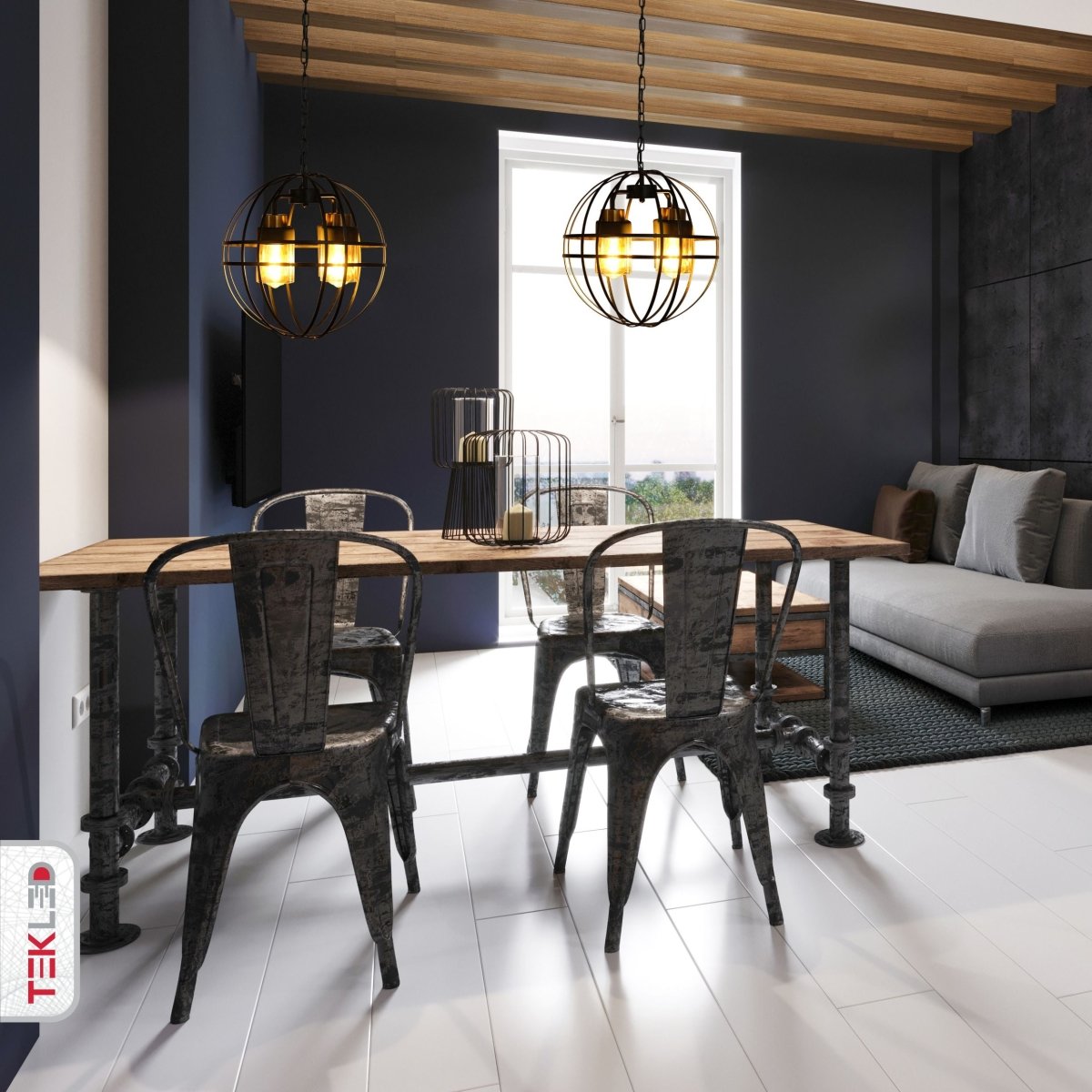 Indoor usage of Amber Cylinder Glass Black Cage Metal Chandelier with 4xE27 Fitting | TEKLED 158-19572
