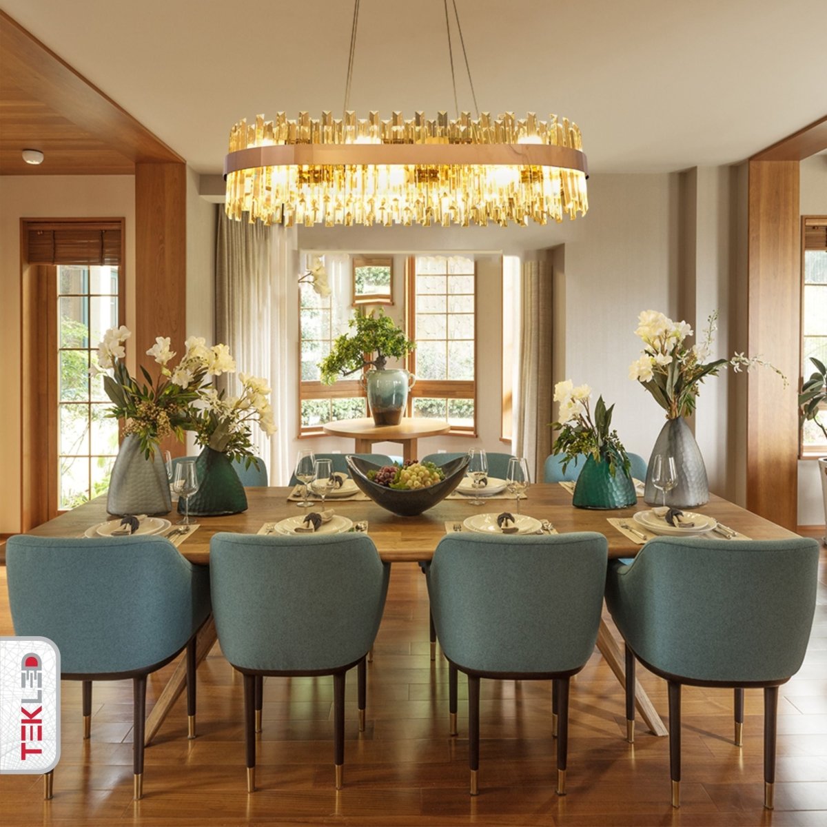 Indoor usage of Coffin Crystal Gold Metal Island Chandelier L900 with 18xE14 Fitting | TEKLED 156-19562