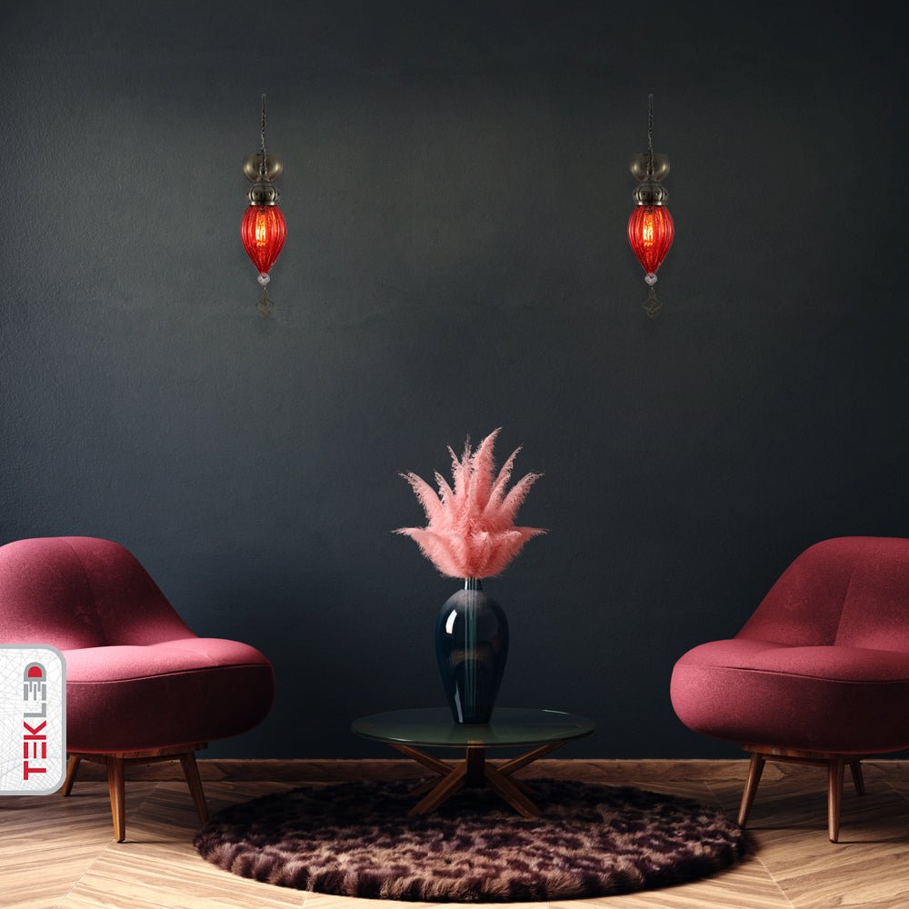 Indoor usage of Moroccan Style Antique Brass and Red Glass Oriental Wall Light E27 | TEKLED 151-19458