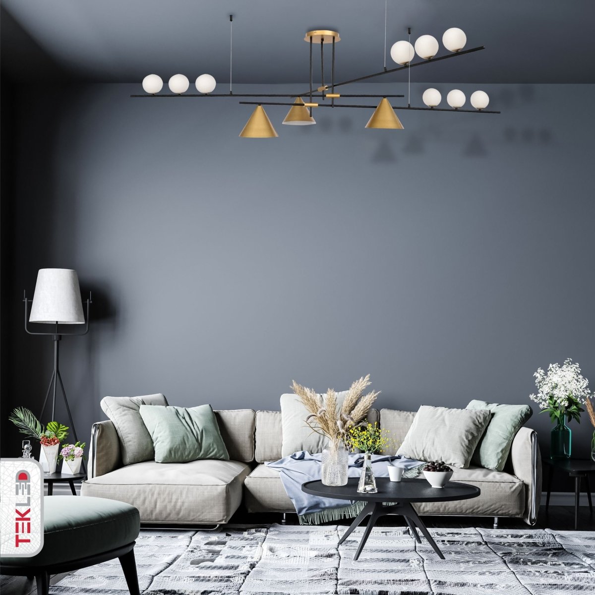 Indoor usage of White Globe Glass and Gold Funnel Ceiling Light with 9xG9 and 3xE27 Fitting | TEKLED 159-17560