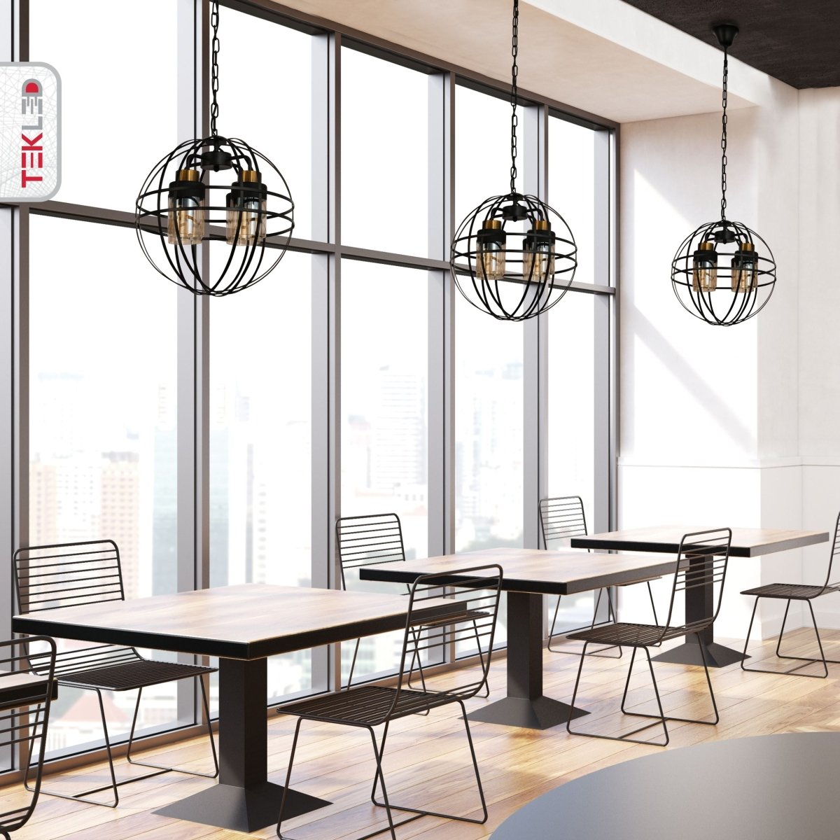 Interior application of Amber Cylinder Glass Black Cage Metal Chandelier with 4xE27 Fitting | TEKLED 158-19572
