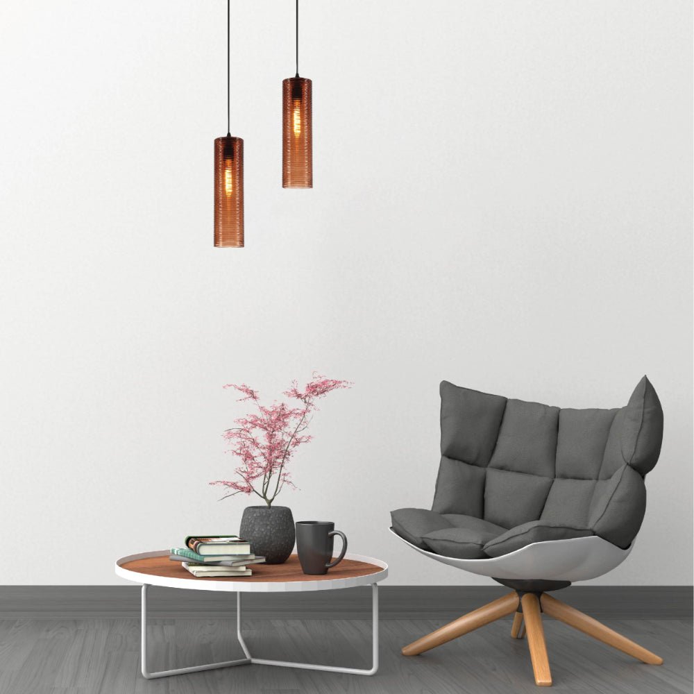 Interior application of Brown Reeded Cylinder Glass Pendant Light with E27 Fitting | TEKLED 158-19738