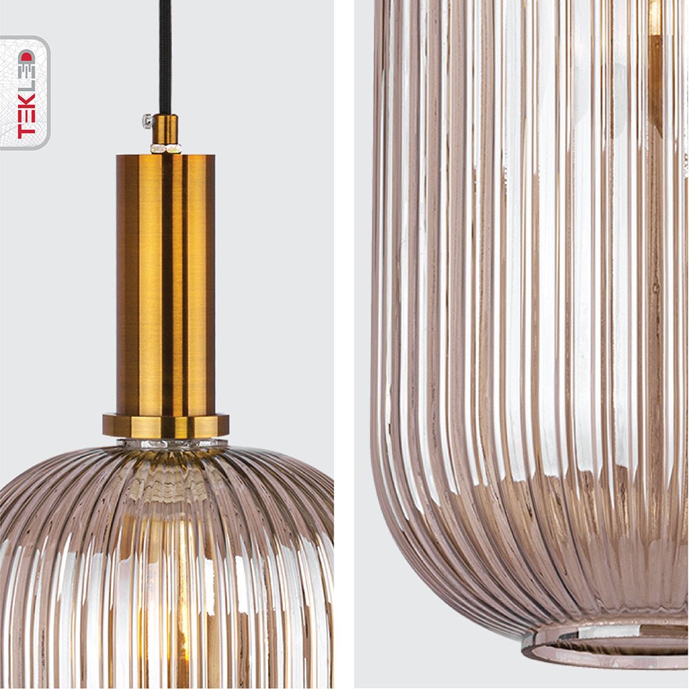 Detailed photo of golden bronze metal amber glass cylinder pendant light long with e27 fitting