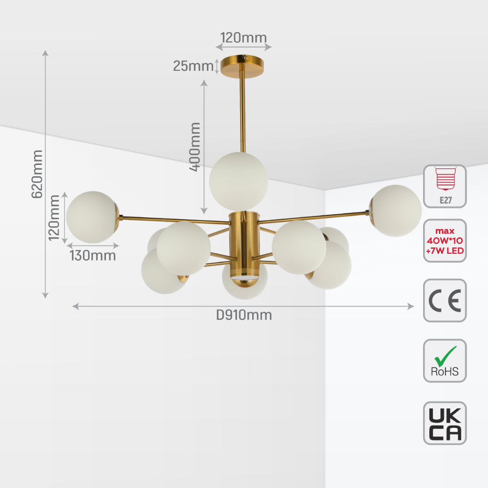 Size and tech specs of Luminary Opal Globe Chandelier | LED Illumination | Single or Dual Tier | TEKLED 158-19544
