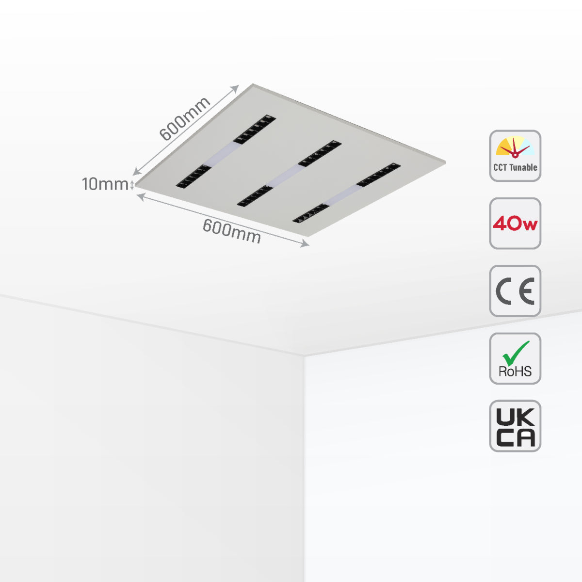 Size and certifications of LuminEssence OfficePro Anti Glare Laser and Opal LED Panel Light 40W 4000lm Low UGR 600x600 3CCT 165-015061