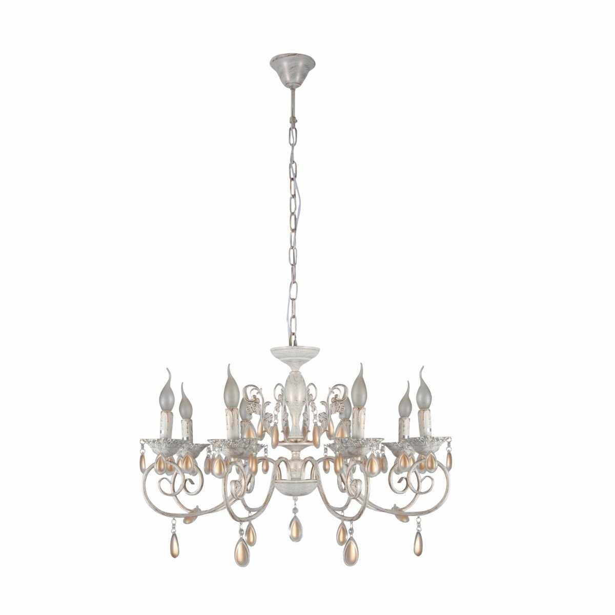 Main image of Amber Crystals Rice White with Gold Brushed Metal 8 Arm Chandelier with E14 Fitting | TEKLED 158-17852