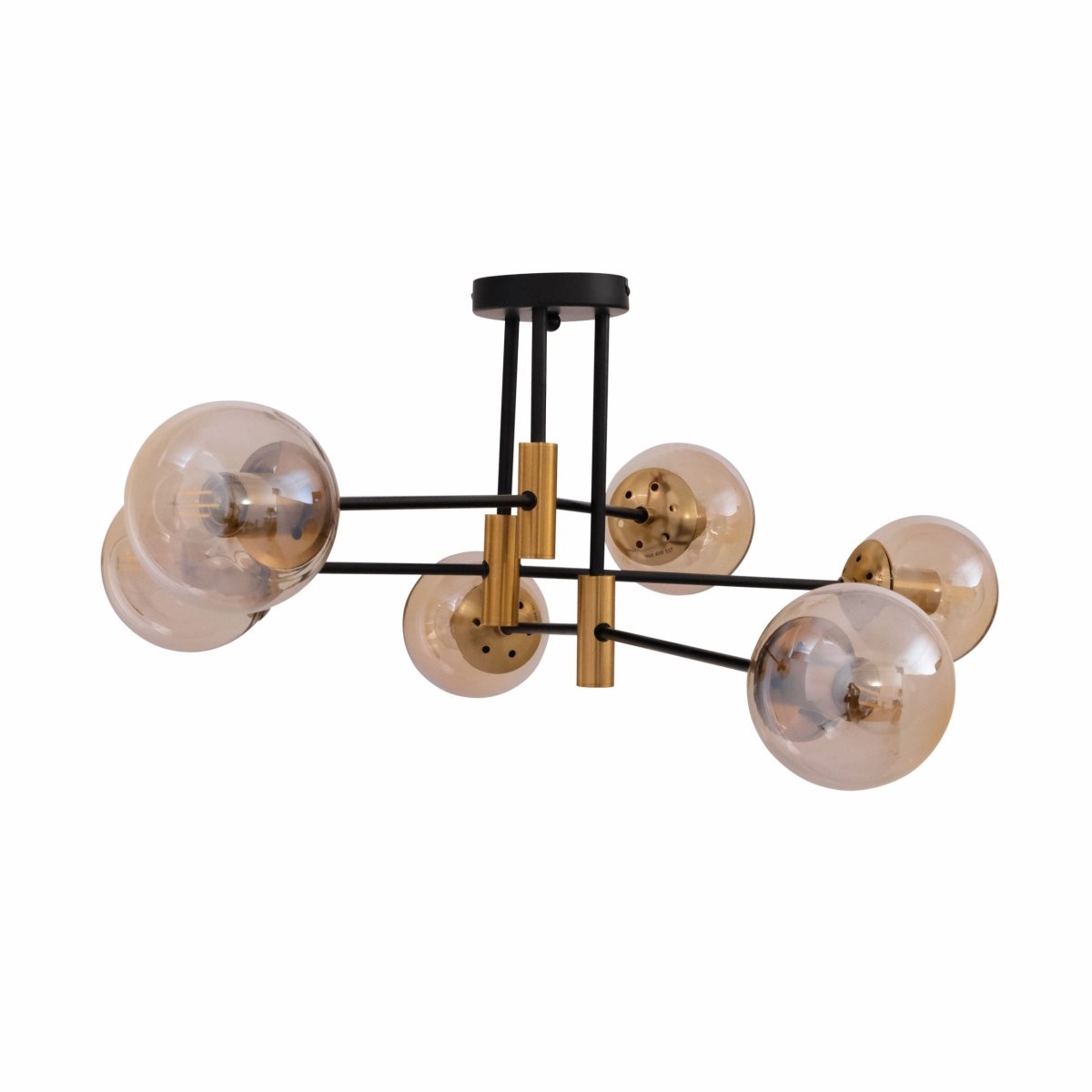 Main image of Amber Glass Globe Gold and Black Metal Semi Flush Ceiling Light with 6xE27 Fitting | TEKLED 159-17428