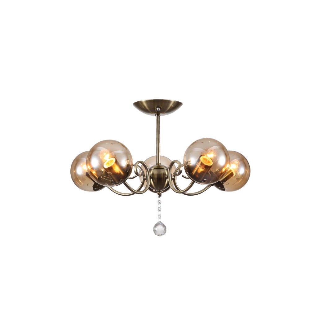 Main image of Amber Globe Glass Antique Brass Metal Body Vintage Retro Crystal Ceiling Light with 4xE27 Fittings | TEKLED 159-17774