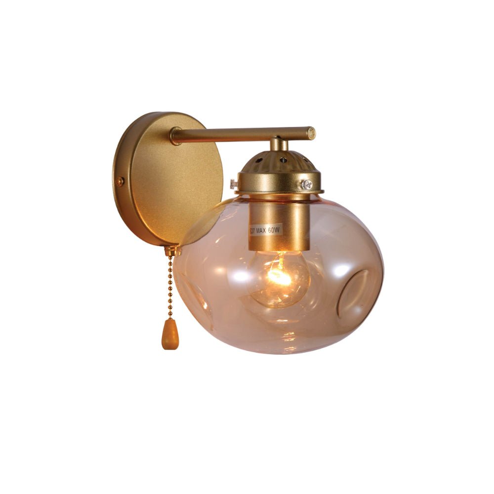 Main image of Amber Globe Glass Gold Metal Vintage Retro Wall Light with Pull Down Switch E27 Fitting | TEKLED 151-19774