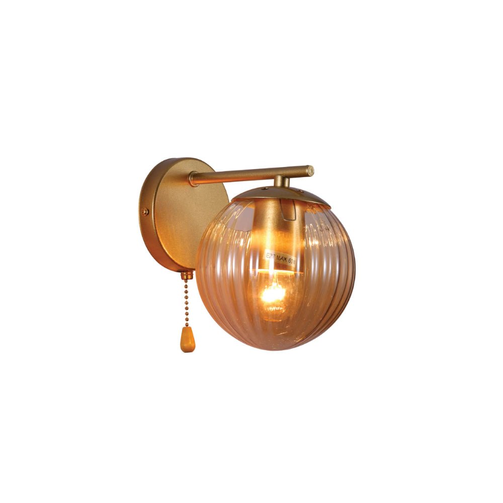 Main image of Amber Reeded Globe Gold Wall Light E27 Pull Down Switch | TEKLED 151-19790