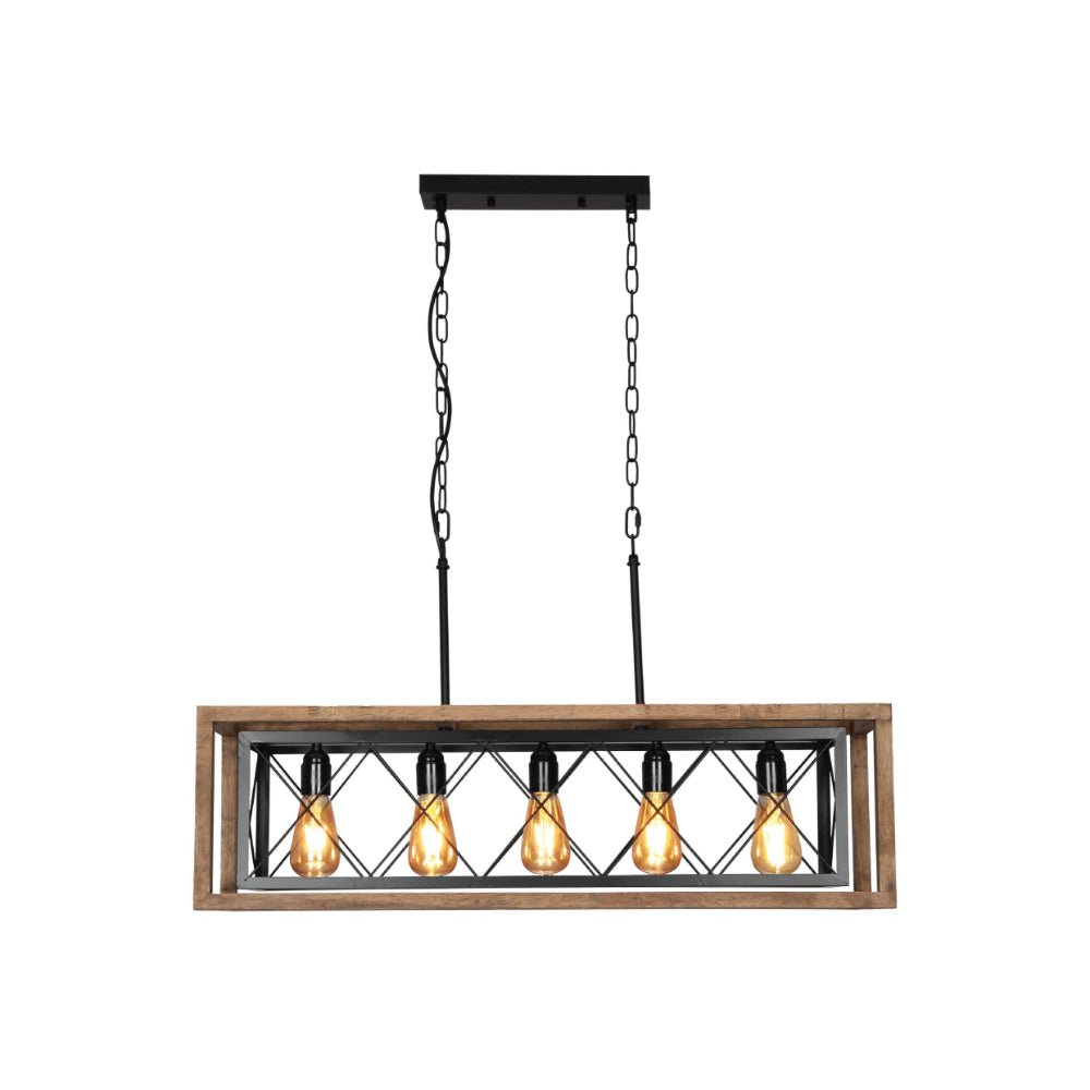 Main image of Black Metal Cage Old Wood Cuboid Kitchen Island Chandelier Ceiling Light with 5xE27 | TEKLED 159-17860
