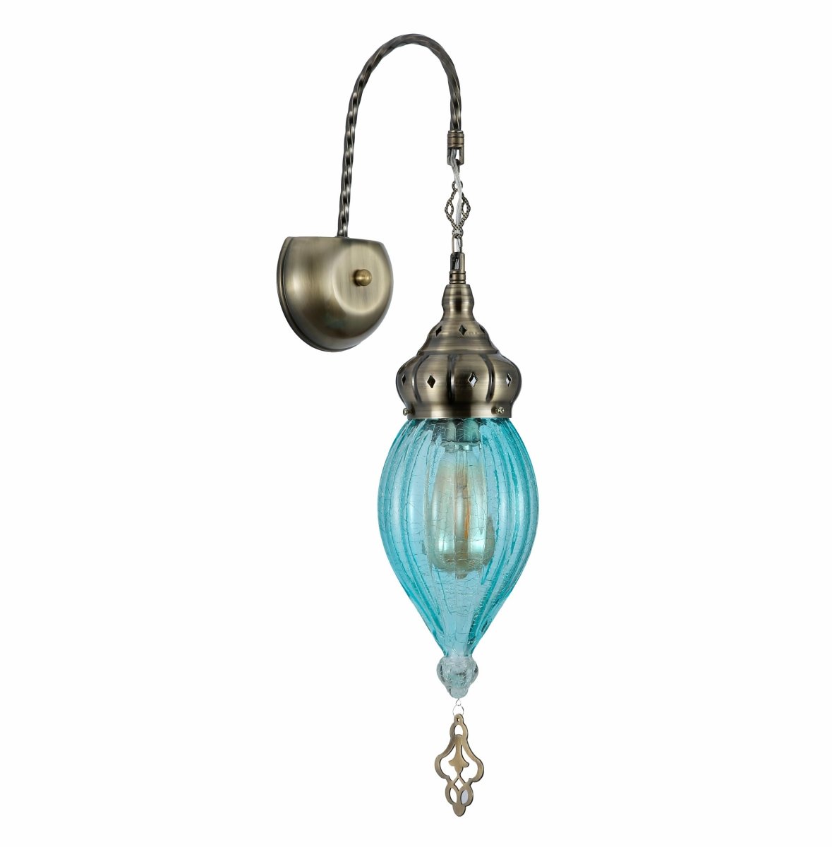 Main image of Blue Glass Antique Bronze Metal Body Moroccan Style Wall Light with E27 Fitting | TEKLED 151-194581